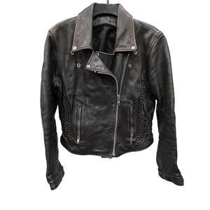 Vintage women's leather motorcycle jacket size S black braided biker moto coat
